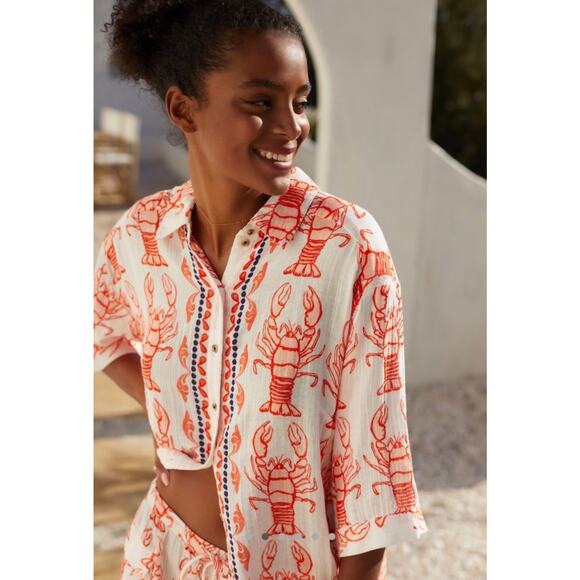 Anthropologie Lobster Print The Essentials Oversized Shirt Orange Size Small - Picture 3 of 11